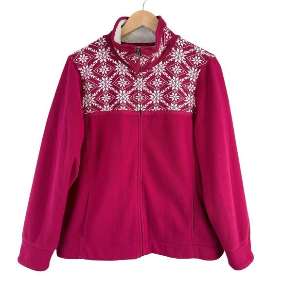 L.L.Bean Jackets & Blazers - L.L.Bean Pink Fleece‎ Nordic Snowflake Full Zip Jacket Sherpa Lined Collar, Sz L